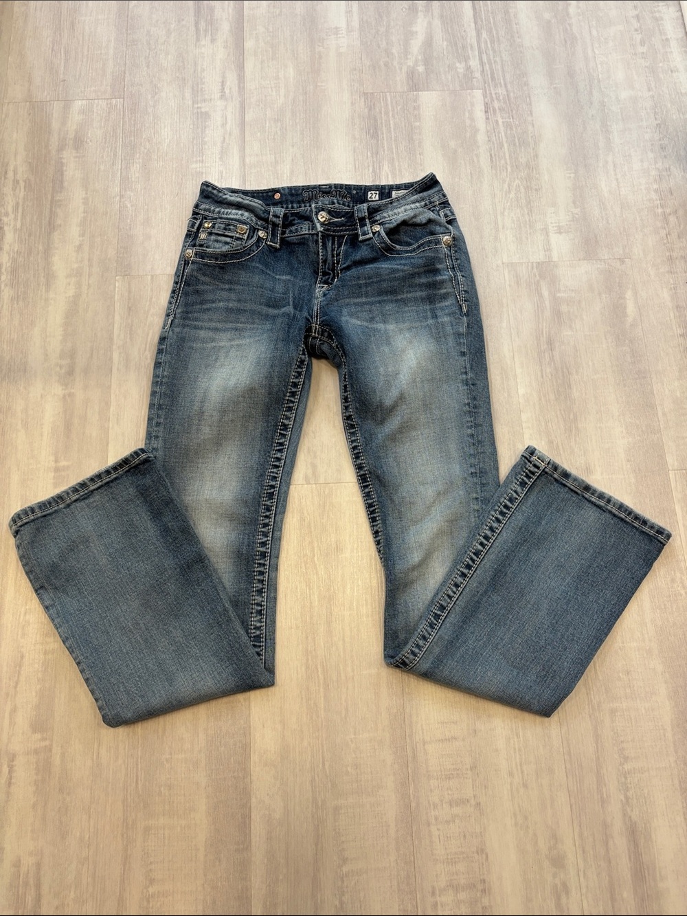 Miss Me Boot Cut Jeans low rise in Faded Dark Blue Denim size 27 Embellished